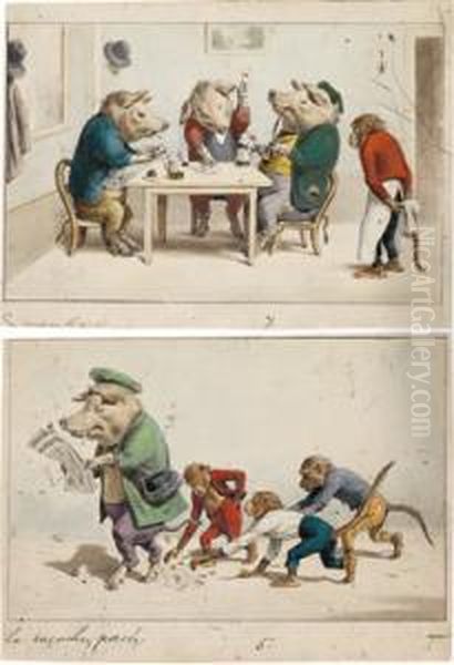 Aus Dem Alltagsleben Der Schweine Oil Painting by J. J. Grandville