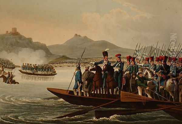 The Allied Army Crossing the Rhine to Invade France, 1813, from 'Historic, Military and Naval Anecdotes', 1816 Oil Painting by John Heaviside Clark