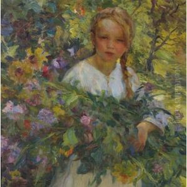 A Girl With Flowers Oil Painting by Luis Graner Arrufi