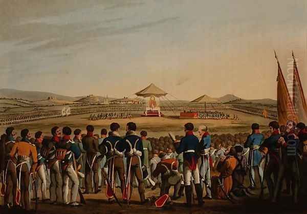 The Grand Te Deum on the Field of Battle near Toplitz, Attended by the Allied Sovereigns and Troops, 1813, from 'Historic, Military and Naval Anecdotes', 1816 Oil Painting by John Heaviside Clark