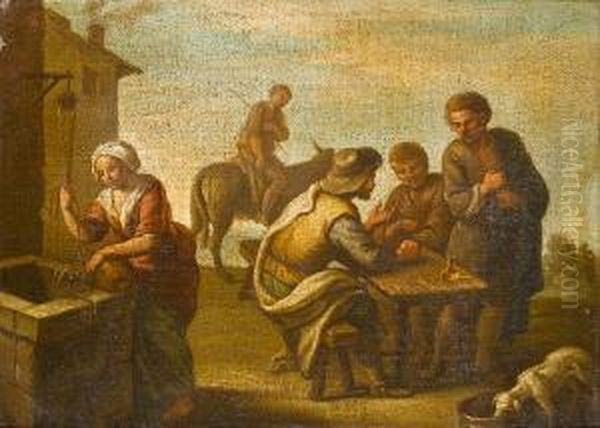 A Village With Men Seated At A Table, A Womanat A Well And A Man On A Donkey Oil Painting by Giovanni Michele Graneri