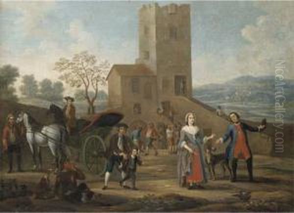 An Elegant Family Beside A Gig, With Peasants Making Merry Outside An Inn Oil Painting by Giovanni Michele Graneri