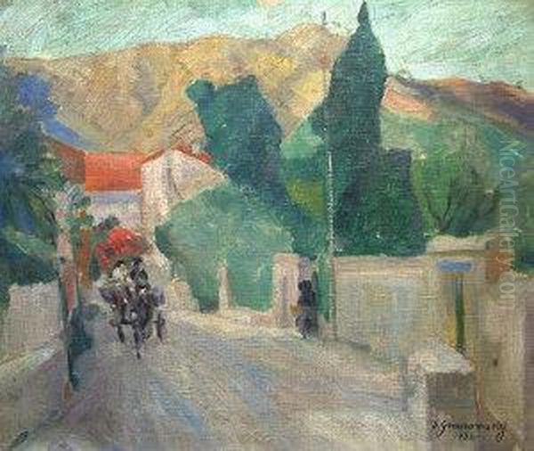 Horse And Cart With Figures Ona Village Street With Mountains Beyond Oil Painting by Sam Granowsky