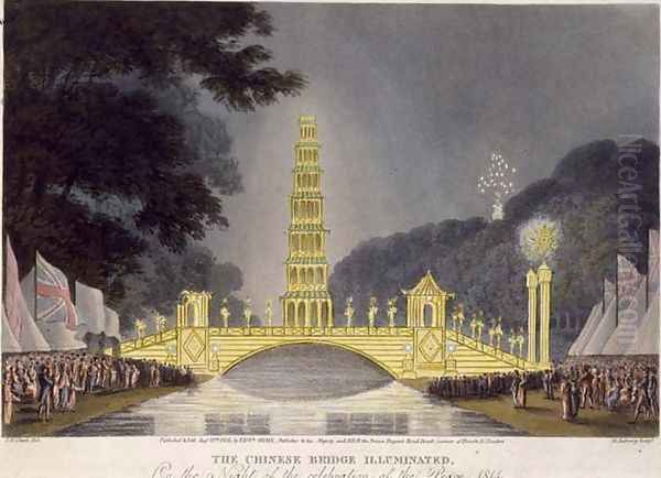 The Chinese Bridge Illuminated on the Night of the Celebration of the Peace, 1814 Oil Painting by John Heaviside Clark