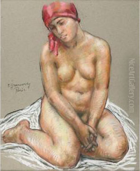 Nude In A Red Scarf Oil Painting by Sam Granowsky