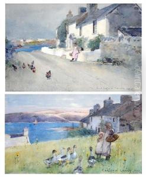 Young Girls Feeding Ducks By A Welsh Cottage On The Coast Oil Painting by Carleton Grant