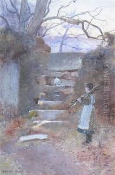 A Girl Gathering Wood With Her Puppy Oil Painting by Carleton Grant