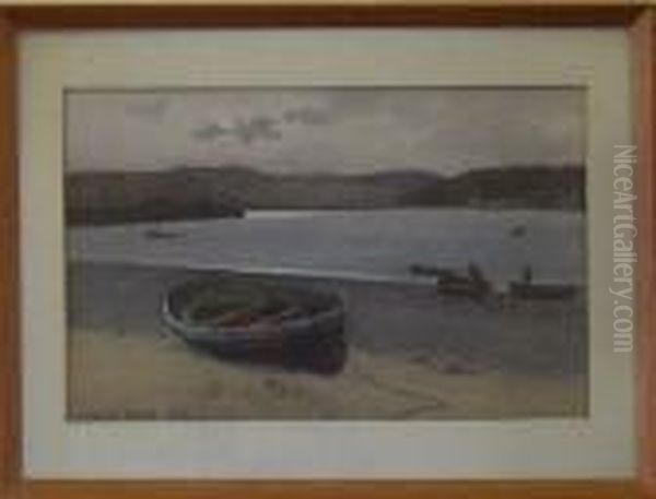 Boat On A Shore, Harbour And Hills In The Distance Oil Painting by Carleton Grant