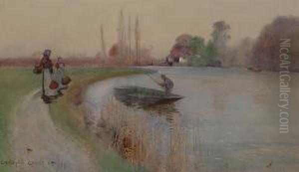 A Young Girl And Her Mother By The Thames. Oil Painting by Carleton Grant