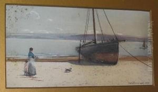 Fisherman Caulking His Boat, And Another, Woman And Child Before A Beached Fishing Boat Oil Painting by Carleton Grant