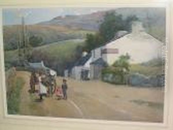 Figures With Donkey And Cart On A Welsh Country Road Oil Painting by Carleton Grant