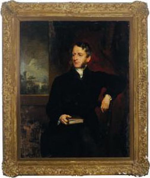 Portrait Of The Reverend Walter Hudson, Seated Three-quarter Length, A Church Beyond Oil Painting by Sir Francis Grant