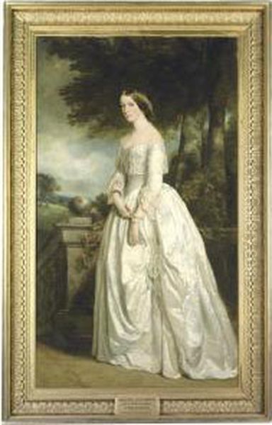 Portrait Of Louisa Madeleine 
Keith-falconer, Nee Hawkins(1828-1916), Countess Of Kintore, 
Full-length, In A Whitedress Oil Painting by Sir Francis Grant