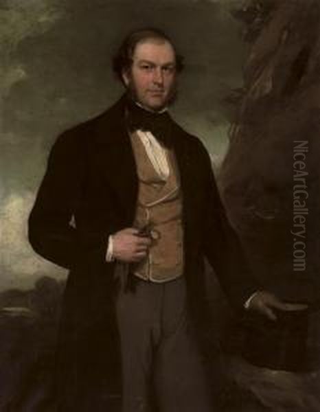 Portrait Of James Beech, 
Three-quarter-length, In A Black Coat And Tan Waistcoat, Gloves In His 
Right Hand And A Top Hat In His Left Oil Painting by Sir Francis Grant