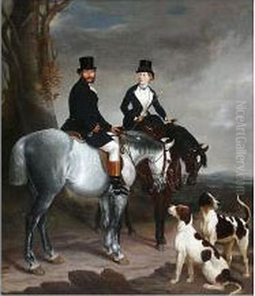 Lady And Gentleman On Horseback, With Hounds, Before A Landscape Oil Painting by Sir Francis Grant