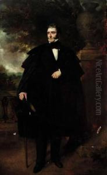 Portrait Of A Gentleman, 
Possibly A Member Of The Fortescue Family,full-length, In A Black Suit 
And Cloak, Holding A Top Hat And Cane,on A Terrace Oil Painting by Sir Francis Grant