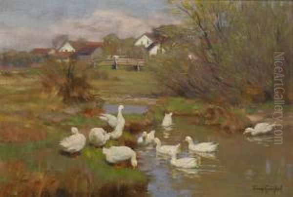 Zehn Enten Am Wasser. Oil Painting by Franz Grassel