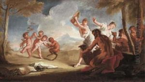 Nymphs, Putti And Satyrs Dancing In A Landscape Oil Painting by Nicola Grassi