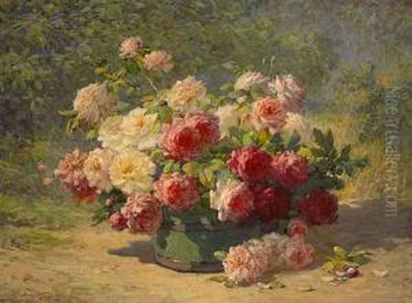 A Mixed Bouquet Of Roses In A Green Barrel Oil Painting by Abbott Fuller Graves