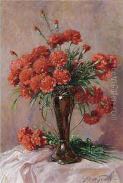 Red Carnations In A Silver Vase Oil Painting by Abbott Fuller Graves