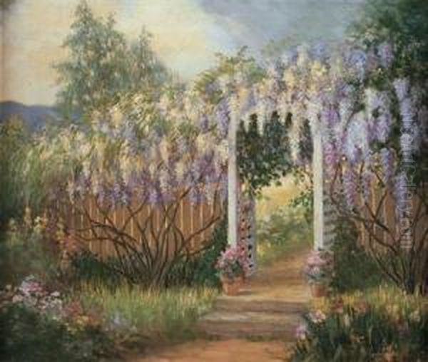 American, - Sunlit Path Withwisteria Oil Painting by Abbott Fuller Graves