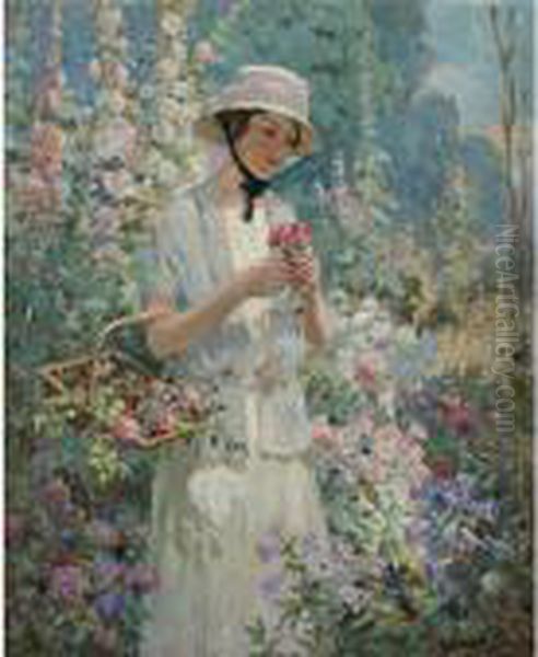 Woman With Flower Basket Oil Painting by Abbott Fuller Graves