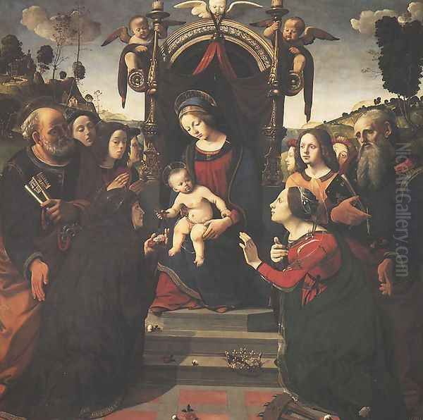 Madonna and Child with Saints and Angels (Madonna col Bambino, angeli e santi) Oil Painting by Piero Di Cosimo