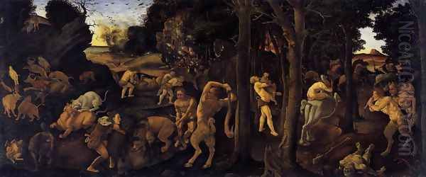 Hunting Scene 1490s Oil Painting by Piero Di Cosimo