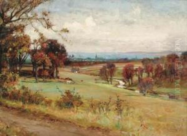 A Scottish River Landscape With A City Beyond Oil Painting by George Gray