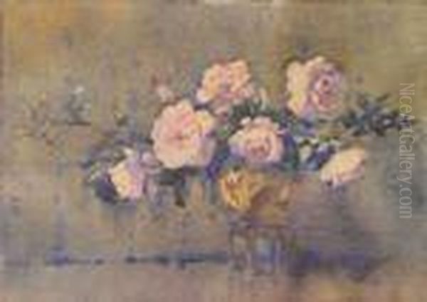 Still Life Of Pink Rosesin An Urn Oil Painting by James Gray