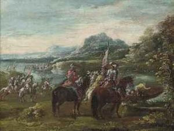 A River Landscape With Cavalry Officers On A Bank Oil Painting by Ciccio Graziani