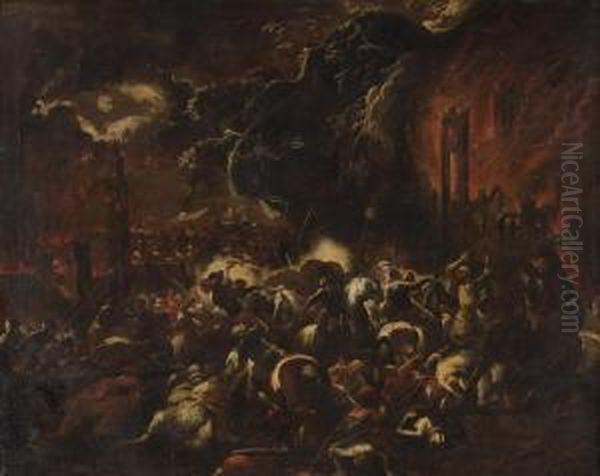 Scontro Notturno Di Cavalleria Presso Una Citta In Fiamme Oil Painting by Ciccio Graziani