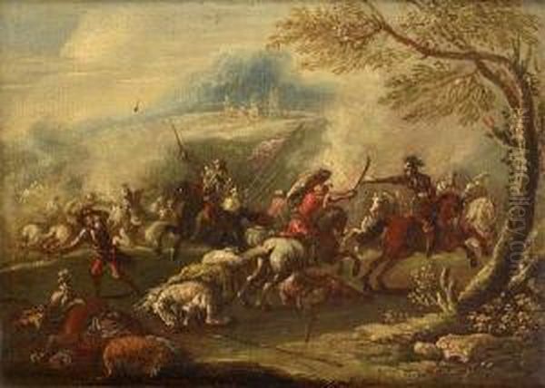 A Cavalry Skirmish; And A Cavalry Skirmish Before A Bridge Oil Painting by Ciccio Graziani