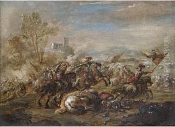 A Battlescene With Cavalry Skirmishing Beside A Cannon Oil Painting by Ciccio Graziani