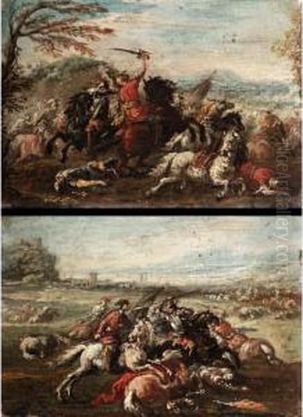 Pair Of Cavalry Skirmishes Oil Painting by Ciccio Graziani