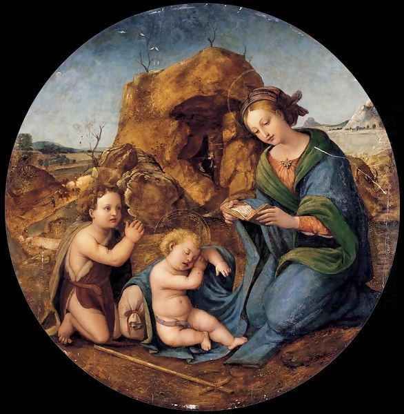 Madonna and Sleeping Christ Child with the Infant St John the Baptist Oil Painting by Piero Di Cosimo