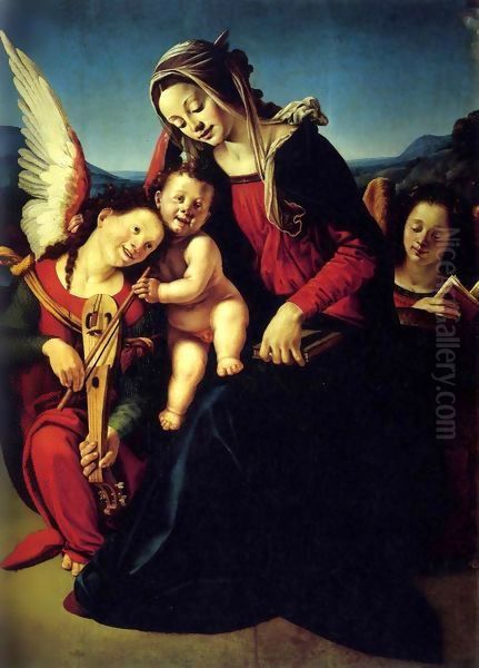 Virgin and Child with Two Angels Oil Painting by Piero Di Cosimo