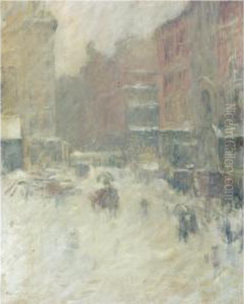 Snowy Day In Union Square Oil Painting by Edmund William Greacen