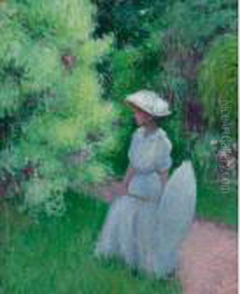 Girl With Umbrella In The Garden, Giverny Oil Painting by Edmund William Greacen