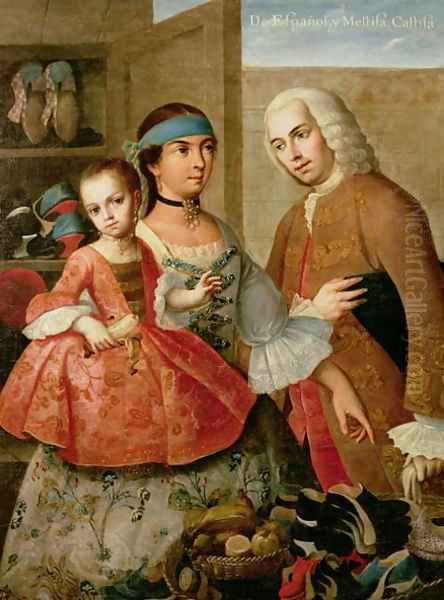 A Spaniard and his Mexican Indian Wife and their Child, from a series on mixed race marriages in Mexico Oil Painting by Miguel Cabrera