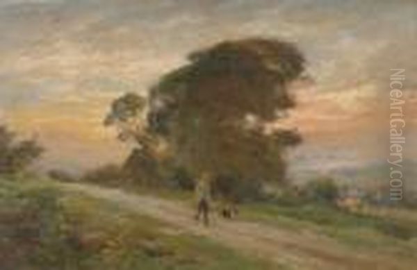 A Man And His Dog On A Countrylane At Sunset Oil Painting by William Greaves