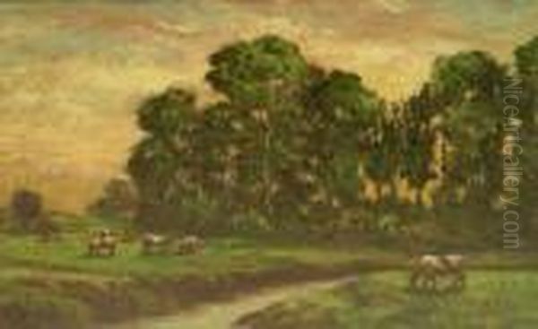 Sunset Cattle Grazing Oil Painting by William Greaves