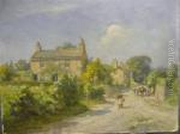 Village Scene, With Figures And A Horse And Cart Oil Painting by William Greaves