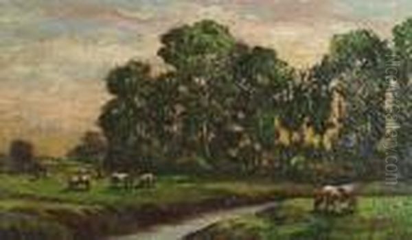 Cattle Grazing At Sunset Oil Painting by William Greaves