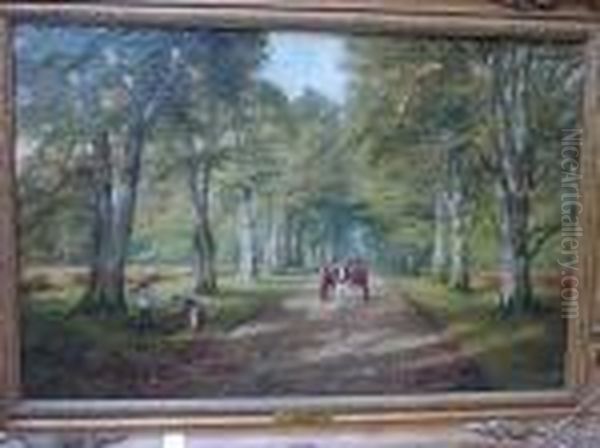 A Country Lane, With Figures Gathering Firewood, And Horse And Cart Oil Painting by William Greaves