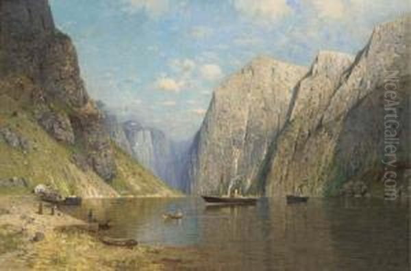 A Norwegian Fjord Oil Painting by Greben