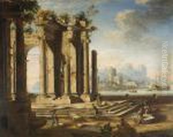 Classical Ruins With A Seascape In The Distance Oil Painting by Gennaro Greco, Il Mascacotta