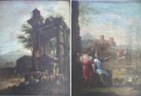 Figures By Classical Ruins Oil 
On Canvas 48 X 35cm.; With Another, Circle Of Andrea Locatelli Oil Painting by Gennaro Greco, Il Mascacotta