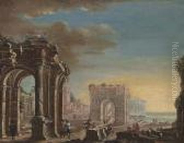 A Capriccio Of Classical Ruins With Elegant Figures Conversing In The Foreground Oil Painting by Gennaro Greco, Il Mascacotta