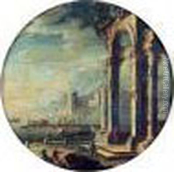 Ruines Antiques Devant Un Port Mediterraneen Anime De Promeneurs Oil Painting by Gennaro Greco, Il Mascacotta